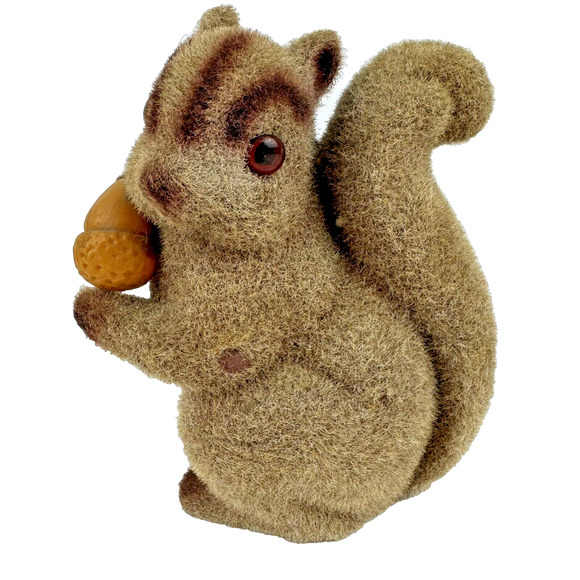 Vintage Flocked 6" Squirrel Holding Acorn Bank With Stopper Made in Hong Kong - Picture 1 of 7